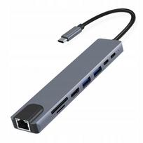 USB-C koncentratorius, 8 jungtys: RJ45, HDMI 4K, 2xUSB 3.0, SD, TF kortelės
