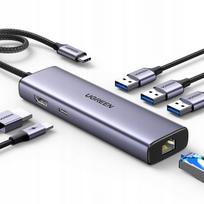 USB-C šakotuvas UGREEN 6-in-1, 3x USB-A 3.0, HDMI, RJ45, PD 100W, 4K, pilkas