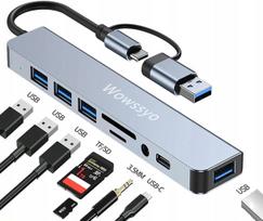 USB-C šakotuvas WOWSSYO 7in1: 4x USB 3.0, 2x USB-C, kortelių skaitytuvas micro SD/TF, skirtas Macbook