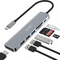 USB-C šakotuvas JESWO NC701, 7 jungtys: HDMI 4K, USB 3.0, USB 2.0, SD/TF