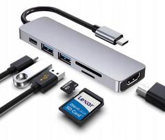 Adapteris 6in1: Type-C, HDMI, USB, kortelių skaitytuvas, PD įkrovimas