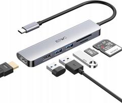 USB-C šakotuvas JESWO, 6 viename su TF ir SD kortelių skaitytuvu