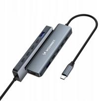 USB šakotuvas 6in1, USB-A, USB-C, DisplayPort, HDMI, pilkas
