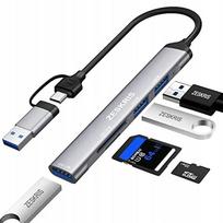 USB-C šakotuvas ZSKRIS, 5 jungtys: 1x USB 3.0, 2x USB 2.0, TF/SD kortelių skaitytuvas, itin plonas