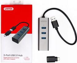 USB šakotuvas Unitek Y-3083B, 3x USB-A 3.0, RJ-45 LAN, USB-A/USB-C, 5Gb/s