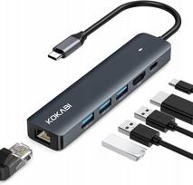 USB-C šakotuvas 6-in-1: 3x USB 3.0, HDMI, LAN adapteris nešiojamiesiems kompiuteriams