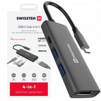 USB-C šakotuvas SWISSTEN, 4 jungtys: HDMI 4K, 2x USB-A, 100W, aliuminis
