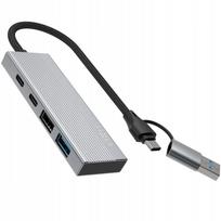Aliuminis USB-C šakotuvas su 4 jungtimis, USB-A adapteriu, pilkos spalvos