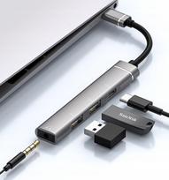 USB-C šakotuvas, 4 jungtys: USB 2.0 ir 3,5 mm garso lizdas
