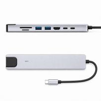 USB-C 8in1 adapteris: HDMI 4K, LAN RJ45, 2x USB 3.0, SD, TF, PD, 87W, sidabrinis