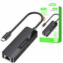 Adapteris HUB 4in1, USB-C į RJ45 LAN, 3x USB 2.0, tinklo plokštė nešiojamam kompiuteriui
