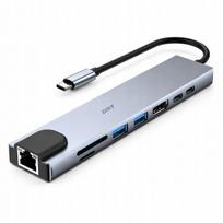 USB-C 8in1 DRT adapteris: HDMI 4K, PD, LAN RJ45, 2x USB 3.0, SD, microSD, sidabrinis