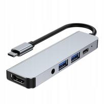 USB šakotuvas adapteris USB-C 5in1: 2x USB, HDMI, ausinių lizdas