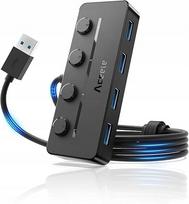 USB šakotuvas ACEELE, 4 jungtys, 120 cm ilgio laidas, atskiri jungikliai
