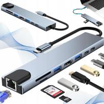 Universalus USB-C šakotuvas 8in1 su SD kortelių skaitytuvu, USB 3.0 ir garso jungtimi