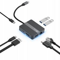 USB-C šakotuvas 7-in-1: 2x HDMI 4K 60Hz, PD 100W, USB 3.2, LAN RJ45