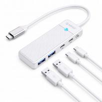 USB-C šakotuvas Orico 4in1, 2x USB-A 3.0, USB-C PD 100W, 15 cm, baltas