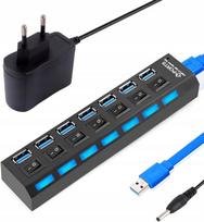 USB šakotuvas, 7 jungtys, atskiri jungikliai, LED indikatoriai, ilgas laidas