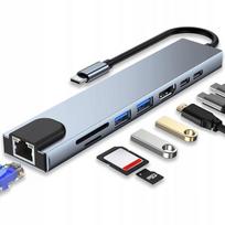 USB-C šakotuvas 8in1 su HDMI 4K, microSD, USB 3.0, RJ45 tinklo jungtimi, skirtas MacBook