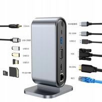 USB-C šakotuvas 12in1: 4xUSB, HDMI, SD, VGA, LAN, ausinių lizdas