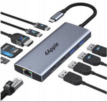Adapteris HUB USB-C 10in1 su HDMI 8K/4K, LAN, 5x USB, SD/TF, skirtas MacBook M4/M3/M2/M1, iPad