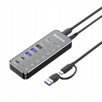 USB šakotuvas Spacetronik, 7 jungtys (3x USB 10Gbps, 4x USB 5Gbps) su maitinimo šaltiniu