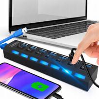 USB šakotuvas, 7 jungtys, USB 3.0, su jungikliu
