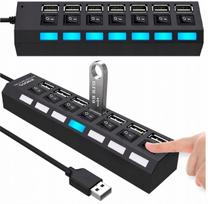 USB šakotuvas, 7 prievadų, su apšvietimu ir jungikliais
