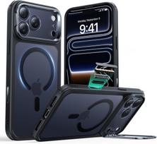 Juodas „iPhone 17 Pro“ dėklas, magnetinis, objektyvo stovas, odos pojūtis