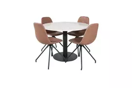 Estelle Round Dining Table ø106 H75 - White / Black+Polar Dining Chair with Spin function - black Legs - Brown PU - White Stitches_4