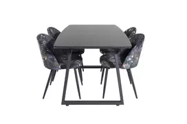 Inca Extentiontable - Black top / black Legs+Velvet Dining Chair - Black Flower fabric_4