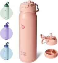 Bottlebottle nerūdijančio plieno gertuvė su šiaudeliu, rankena ir tablečių skyreliu, 709 ml, skirta mokyklai, izoliuota sportinė gertuvė (salmon)