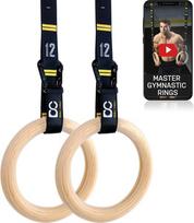 Double Circle mediniai gimnastikos žiedai su reguliuojamais dirželiais ir vaizdo įrašų instrukcijomis (anglų kalba negarantuojama) - mediniai gimnastikos žiedai - viso kūno treniruotė, kalanetika, sporto salė (įvairių dydžių)