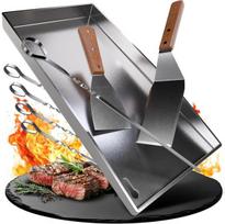 Grilio plokštė - plancha grilio plokštė pagaminta iš storio ir nerūdijančio plieno - 40 x 30 cm - tinka bbq dujiniam griliui ir anglies griliui + priedas: 2 x grilio mentelės ir 5 x iešmai