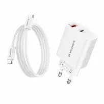 Wozinsky WLS-20W 20W USB-A USB-C sieninis įkroviklis su 1 m USB-C - USB-C kabeliu - Baltas