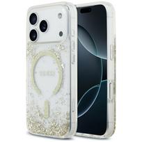 Guess Resin Bottom Glitter MagSafe dėklas, skirtas iPhone 18 Pro / iPhone 17 Pro, auksinis