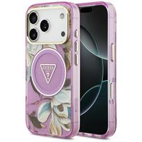 Guess IML Glitter Flowers Triangle MagSafe dėklas, skirtas iPhone 17 Pro / 18 Pro – violetinis