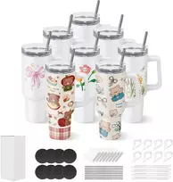 Termobuteliai sublimacijai, 8 vnt., 1183 ml talpa, nerūdijančio plieno 304, dvigubos sienelės, su šiaudeliais