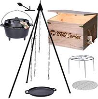 Tp premium bbq olandiško tipo krosnelės trikojo rinkinys, 7 dalys su ugnies indu, trikoju, keptuve iš ketaus, kepimo grotelėmis, įskaitant grilio priedus ir medinę dėžę, idealiai tinka kaip dovanų rinkinys