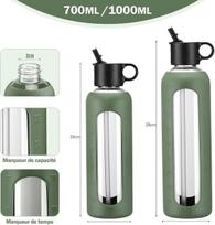 Hydraglazic 700 ml stiklinė vandens butelis su 2 dangteliais - dangtelis su šiaudeliu, bambukinis dangtelis, stiklinis butelis su silikonine mova, laiko žymėjimas, stiklinis vandens butelis šaltiems gėrimams, alyvuogių spalvos