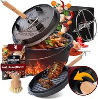 Gusskönig Olandiškų puodų rinkinys - Burnt Dutch Oven 9 litrai - ketaus ugnies puodas be kojų - Olandiškas puodas dviguba funkcija - Įskaitant 2-in-1 dangčio keltuvą, šepetį ir Olandiško puodo receptų knygą [4-7 žmonėms]