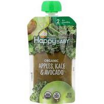Happy Family Organics, Happy Baby, ekologiškas kūdikių maistas, 6+ mėnesiai, obuoliai, kopūstai ir avokadai, 4 uncijos (113 g)