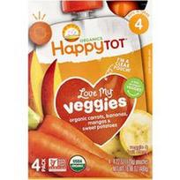 Happy Family Organics, „Happy Tot®“, „Love My Veggies“, 4 etapas, ekologiškos morkos, bananai, mangai ir saldžiosios bulvės, 4 pakeliai po 120 g