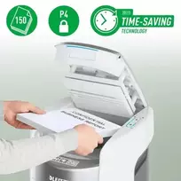 Leitz IQ Optimax AutoFeed 150 P-4 kryžminio pjovimo popieriaus smulkintuvas su 150 lapų automatiniu padavimu ir 15L talpa, juodos spalvos