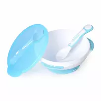 Kidsme kūdikių maitinimo rinkinys su prisiurbiamu dubenėliu, dangteliu ir terminiu šaukšteliu, akvamarino spalvos, 9+ mėn.