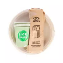 GOGREEN kompostuojamas pikniko indų rinkinys 4 asmenims, 24 dalių, augalinės kilmės, natūraliai baltos spalvos