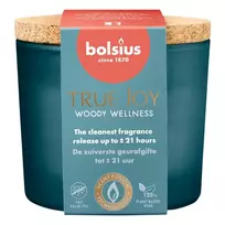 BOLSIUS True Joy kvapioji žvakė stiklinėje su kamštiniu dangteliu - Woody Wellness, Ø66x83 mm