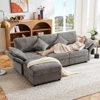 L formos kampinė sofa su pufu, transformuojama į 3 vietų, 4 pagalvės, pilka