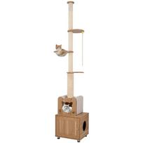 Katės draskyklė, nuo grindų iki lubų reguliuojamo aukščio su kraiko dėžės spinta, 67.3x44.5x256.5-275.6 cm, ruda