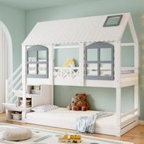Bunk Bed, Children's Bed with Roof and Window, with Fall Protection Guard, with 3 Compartments in the Staircase, Pine+MDF, White+Grey, 90x200cm 253.5 x 95 x 215 cm balta